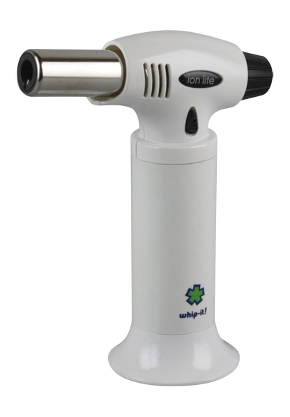 Front view of the whip-it! Ion Lite Torch Lighter, displaying a silver and black handheld butane torch with a visible nozzle.
