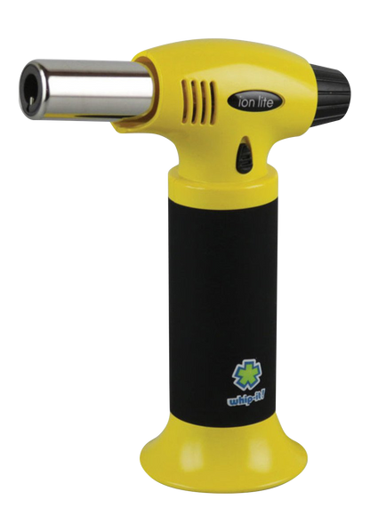 A close-up shows the whip-it! Ion Lite Torch Lighter, with its silver nozzle and black handle, angled against a white background.
