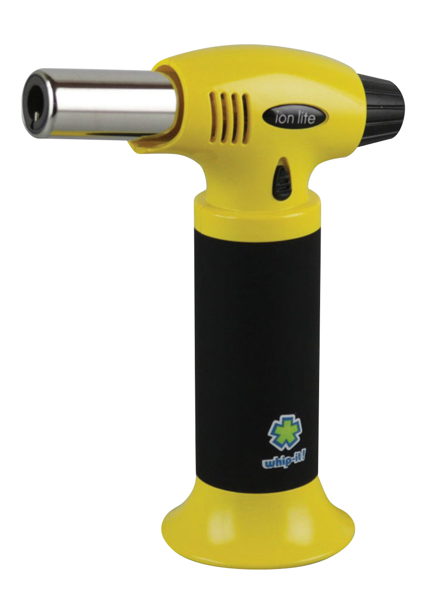 A close-up shows the whip-it! Ion Lite Torch Lighter, with its silver nozzle and black handle, angled against a white background.