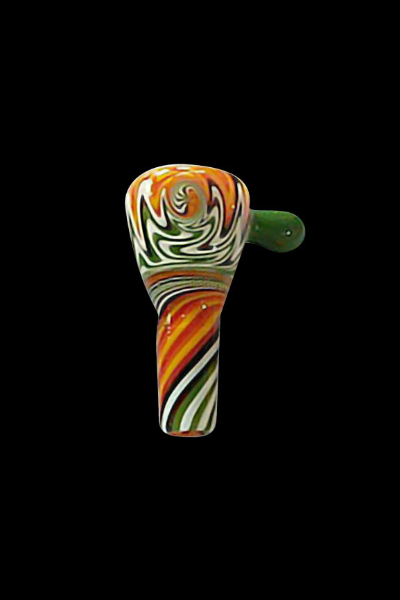 Colorful glass pipe with swirling patterns against a black background.