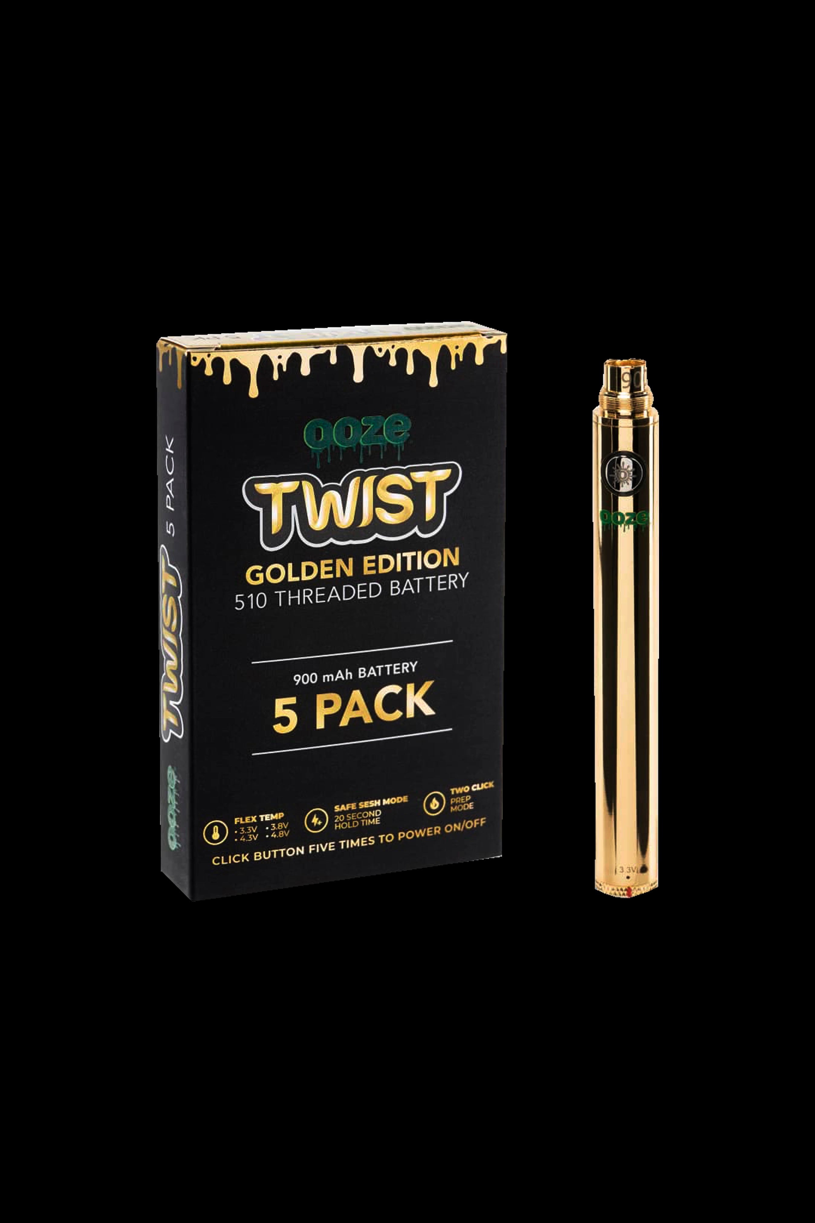 Ooze Twist Golden Edition 5-pack 900mAh 510 thread battery for cannabis vape cartridges.