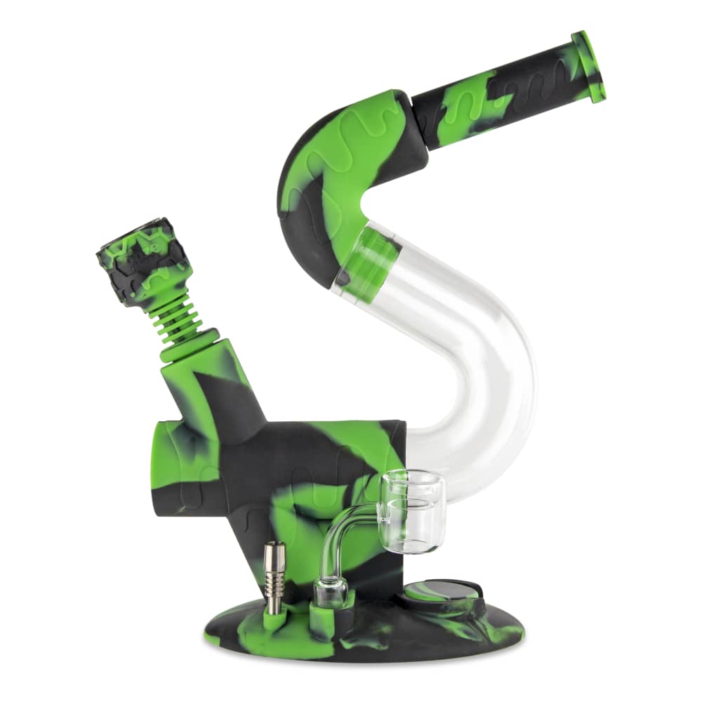 Green and black silicone rig with glass bubbler for cannabis concentrate use.