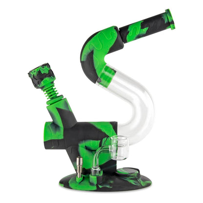 Green and black silicone rig with glass bubbler for cannabis concentrate use.