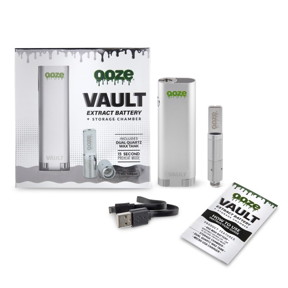Ooze Vault cannabis extract battery kit packaging, including battery, storage chamber, and instructions.