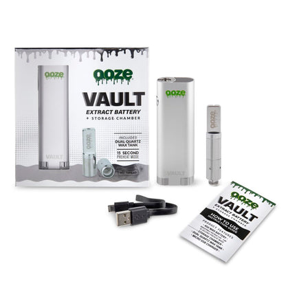 Ooze Vault cannabis extract battery kit packaging, including battery, storage chamber, and instructions.